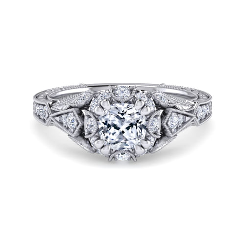 Unique Platinum Vintage Inspired Cushion Halo Diamond Engagement Ring