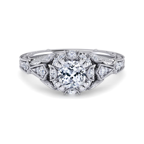 Gabriel - Unique Platinum Vintage Inspired Cushion Halo Diamond Engagement Ring
