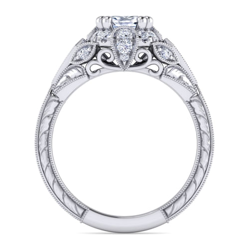Unique Platinum Vintage Inspired Cushion Halo Diamond Engagement Ring