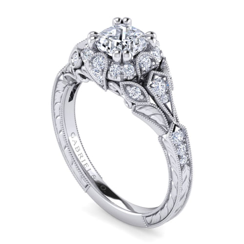 Unique Platinum Vintage Inspired Cushion Halo Diamond Engagement Ring