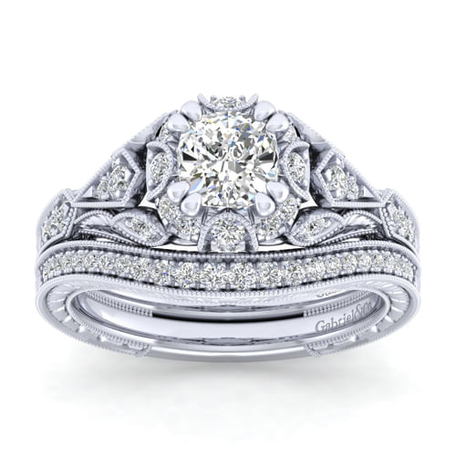 Unique Platinum Vintage Inspired Cushion Halo Diamond Engagement Ring