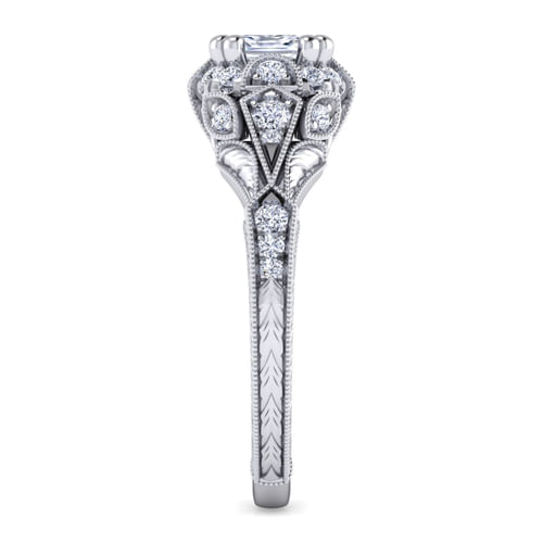 Unique Platinum Vintage Inspired Cushion Halo Diamond Engagement Ring