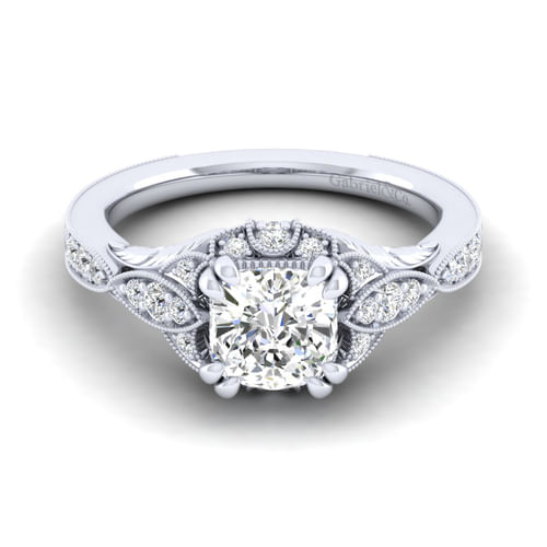 Unique Platinum Vintage Inspired Cushion Halo Diamond Engagement Ring