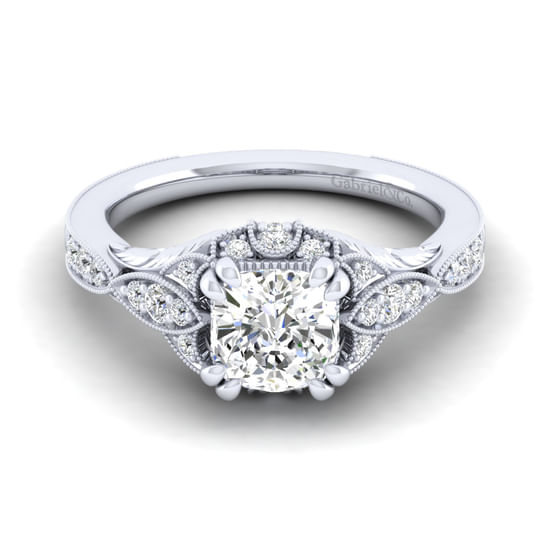 Gabriel - Unique Platinum Vintage Inspired Cushion Halo Diamond Engagement Ring