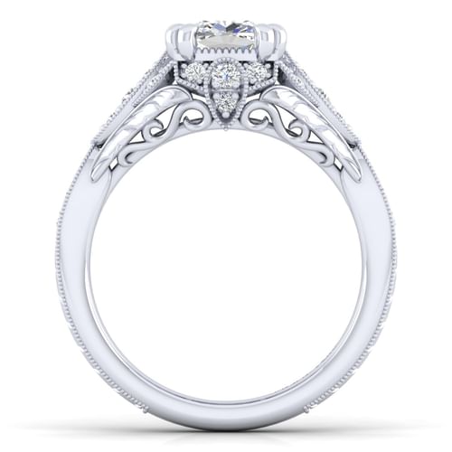 Unique Platinum Vintage Inspired Cushion Halo Diamond Engagement Ring