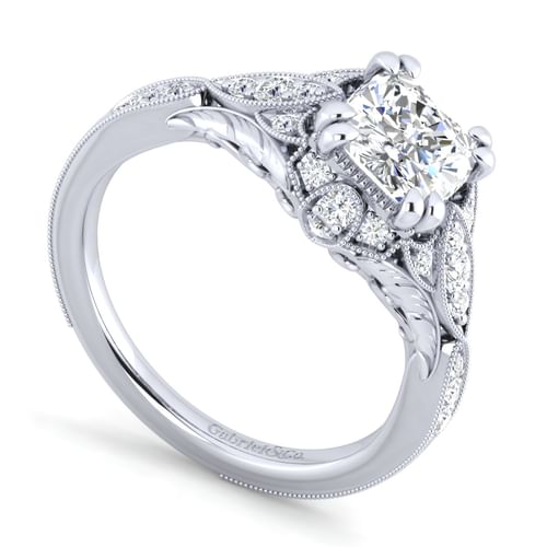 Unique Platinum Vintage Inspired Cushion Halo Diamond Engagement Ring