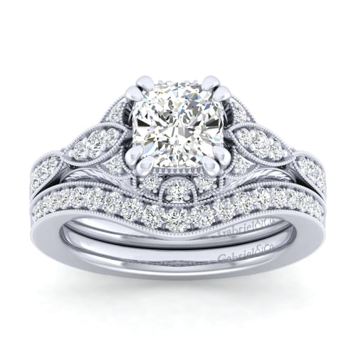 Unique Platinum Vintage Inspired Cushion Halo Diamond Engagement Ring