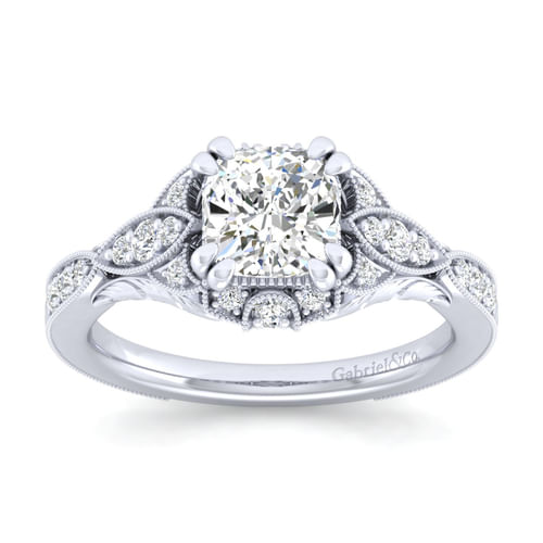 Unique Platinum Vintage Inspired Cushion Halo Diamond Engagement Ring