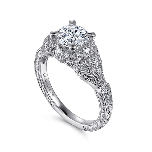 Unique Platinum Vintage Inspired Diamond Halo Engagement Ring