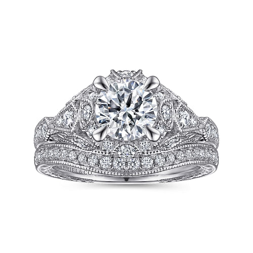 Unique Platinum Vintage Inspired Diamond Halo Engagement Ring