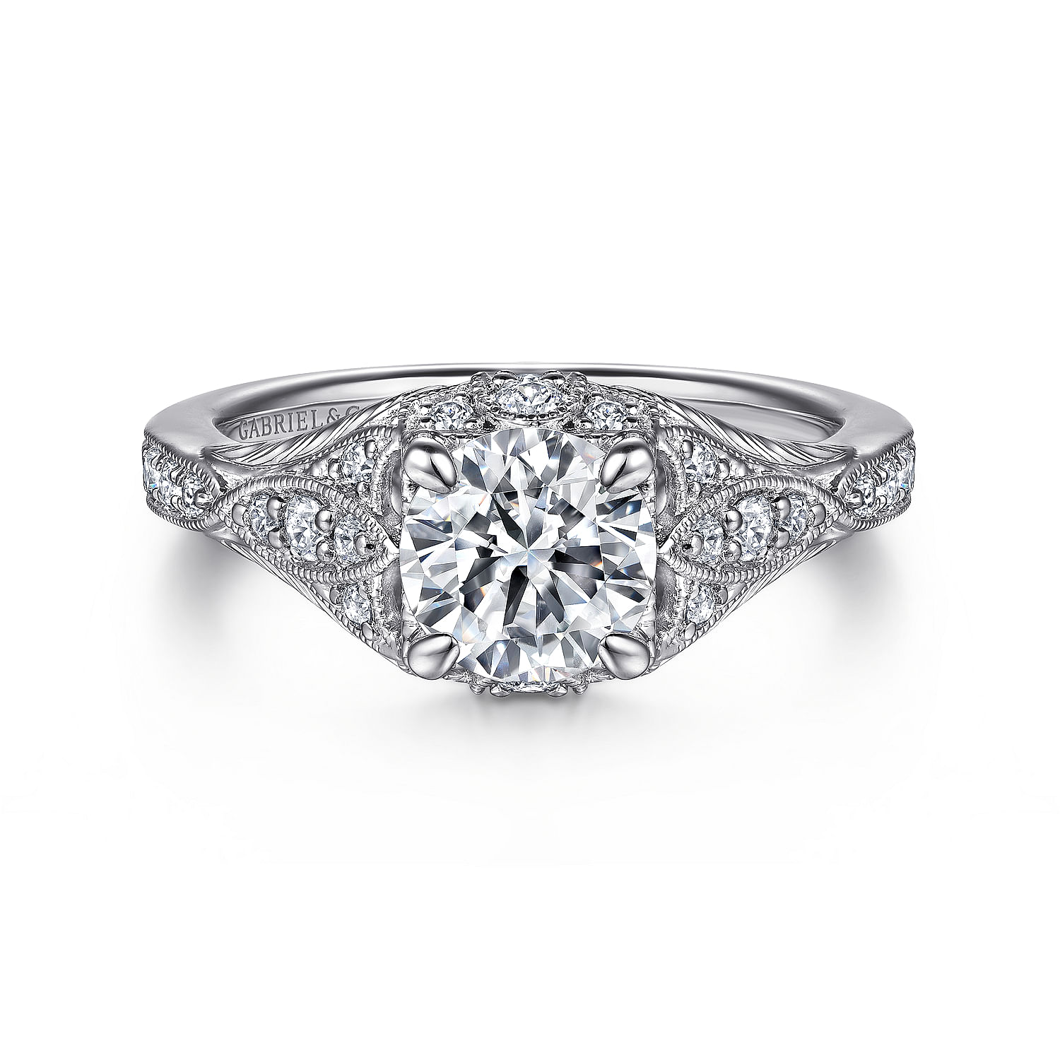 Gabriel - Unique Platinum Vintage Inspired Diamond Halo Engagement Ring