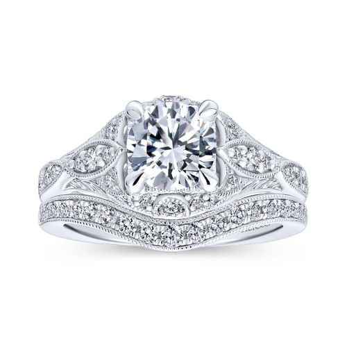 Unique Platinum Vintage Inspired Diamond Halo Engagement Ring