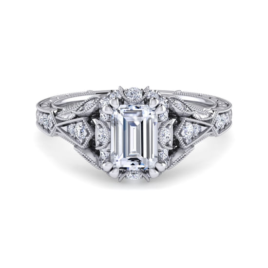 Gabriel - Unique Platinum Vintage Inspired Emerald Cut Diamond Halo Engagement Ring