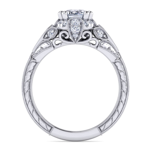 Unique Platinum Vintage Inspired Emerald Cut Diamond Halo Engagement Ring