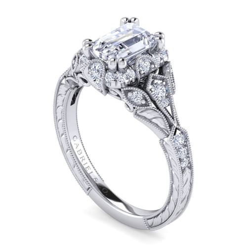Unique Platinum Vintage Inspired Emerald Cut Diamond Halo Engagement Ring
