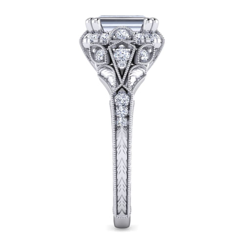 Unique Platinum Vintage Inspired Emerald Cut Diamond Halo Engagement Ring
