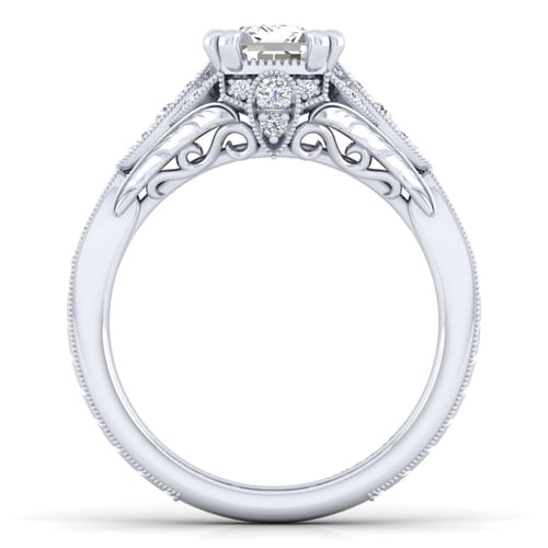 Unique Platinum Vintage Inspired Emerald Cut Diamond Halo Engagement Ring
