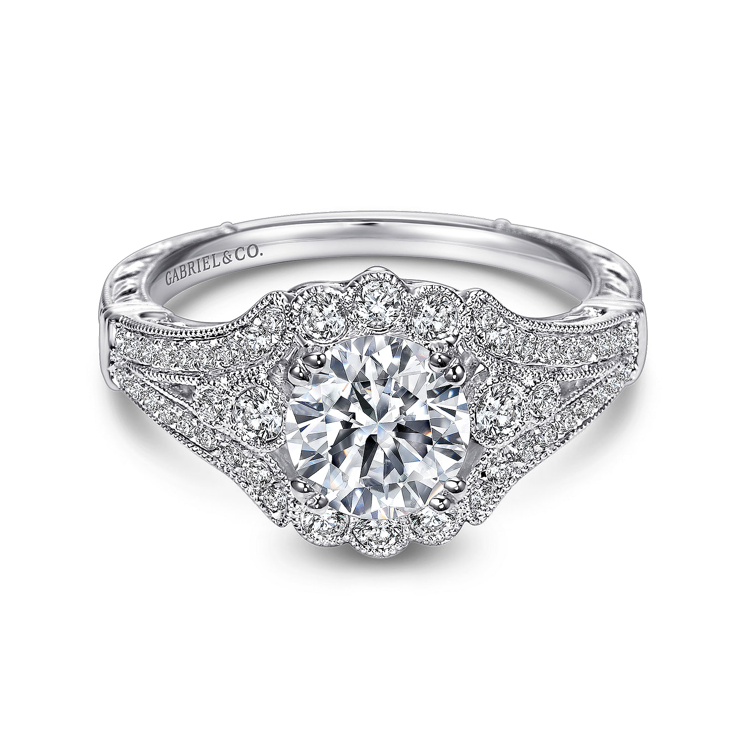 Unique Platinum Vintage Inspired Halo Diamond Engagement Ring