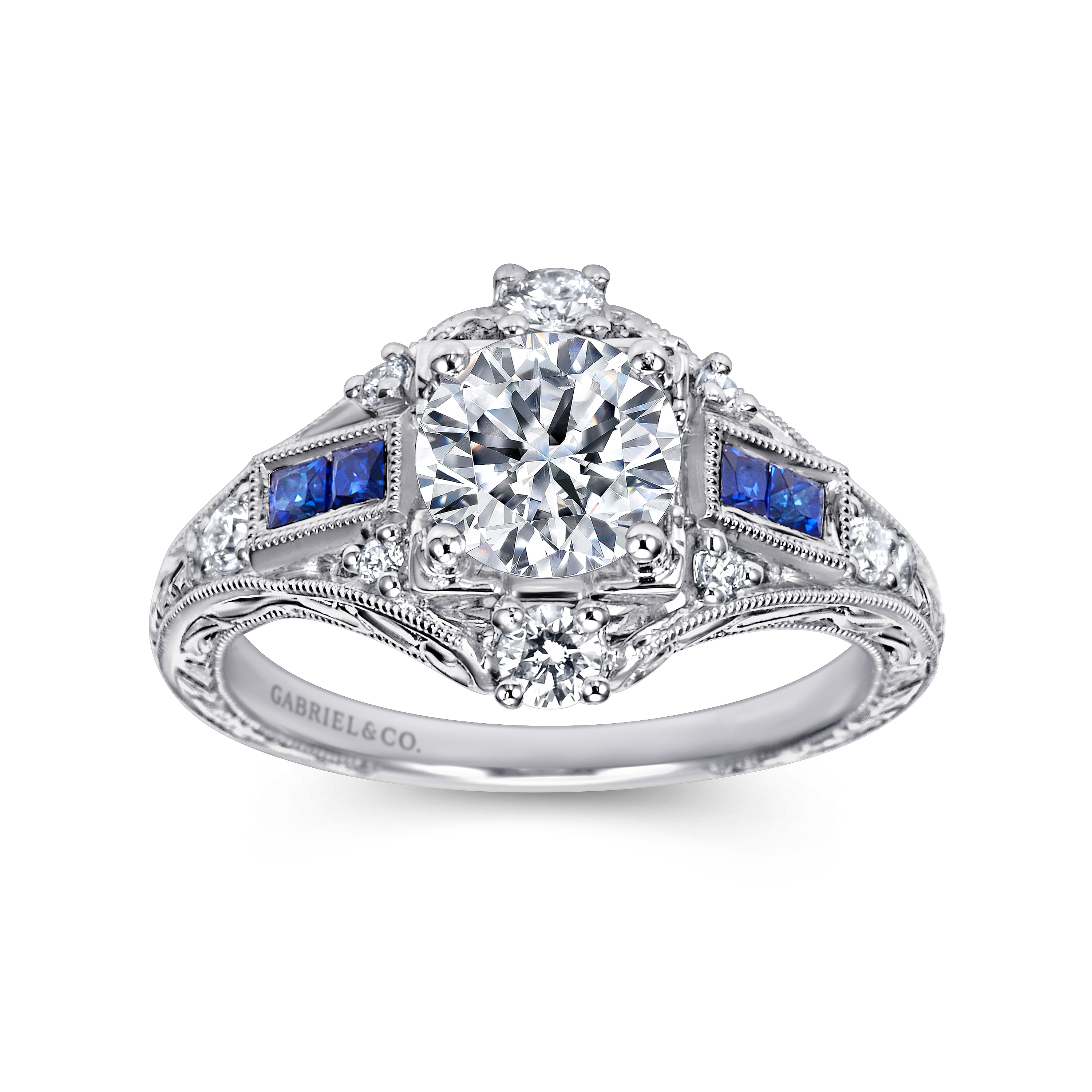 Unique Platinum Vintage Inspired Halo Sapphire and Diamond Engagement Ring