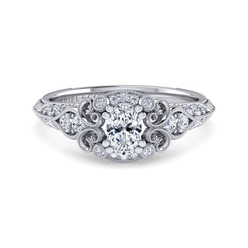 Unique Platinum Vintage Inspired Oval Diamond Halo Engagement Ring