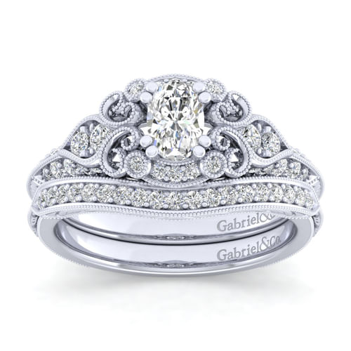Unique Platinum Vintage Inspired Oval Diamond Halo Engagement Ring