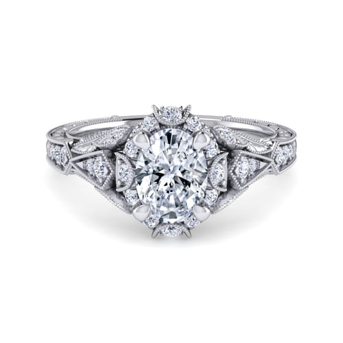 Unique Platinum Vintage Inspired Oval Halo Diamond Engagement Ring