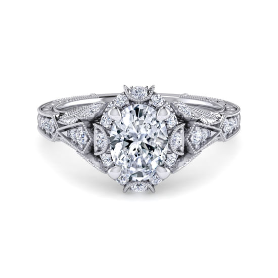 Gabriel - Unique Platinum Vintage Inspired Oval Halo Diamond Engagement Ring