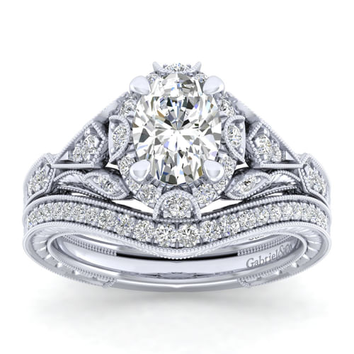 Unique Platinum Vintage Inspired Oval Halo Diamond Engagement Ring