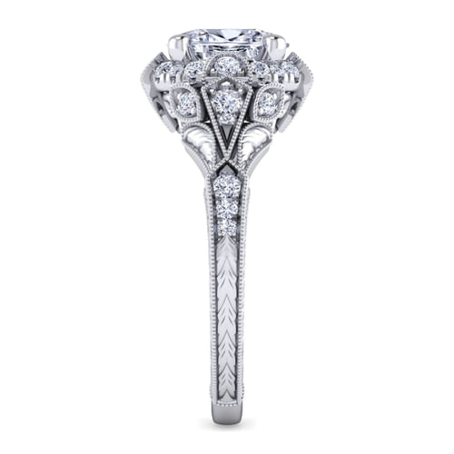 Unique Platinum Vintage Inspired Oval Halo Diamond Engagement Ring