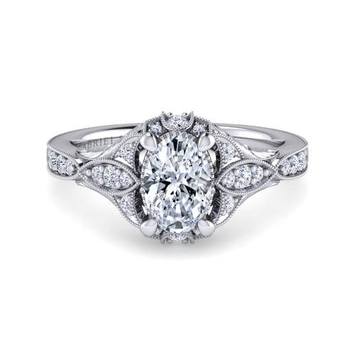 Unique Platinum Vintage Inspired Oval Halo Diamond Engagement Ring