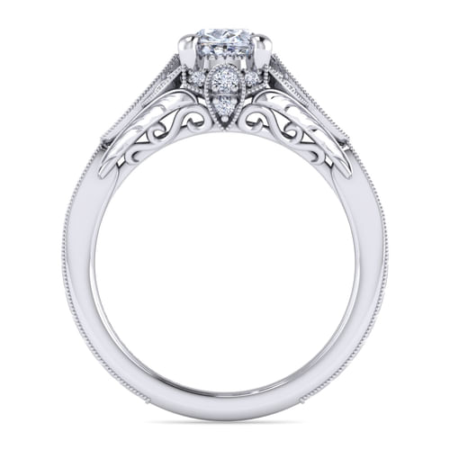 Unique Platinum Vintage Inspired Oval Halo Diamond Engagement Ring