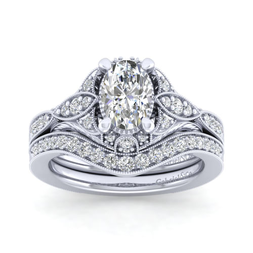 Unique Platinum Vintage Inspired Oval Halo Diamond Engagement Ring