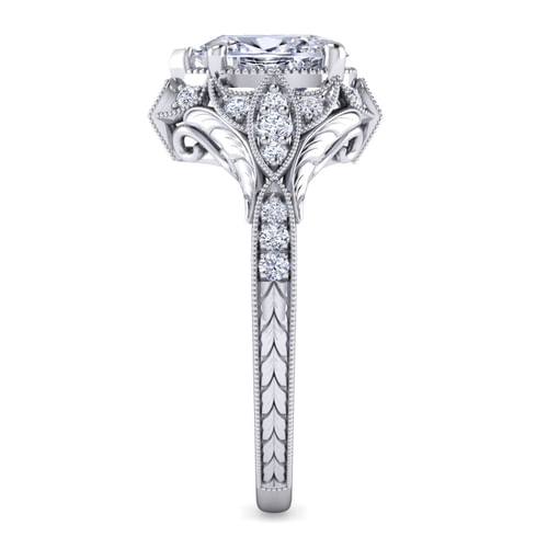 Unique Platinum Vintage Inspired Pear Shape Diamond Halo Engagement Ring