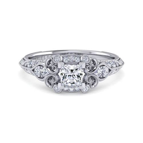 Unique Platinum Vintage Inspired Princess Halo Diamond Engagement Ring