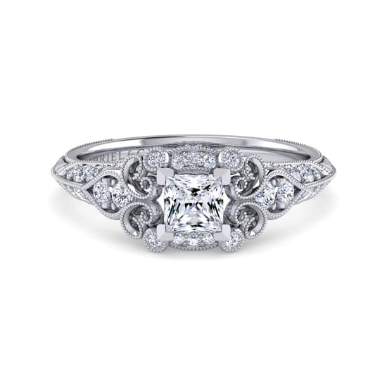 Gabriel - Unique Platinum Vintage Inspired Princess Halo Diamond Engagement Ring Gabriel - Unique Platinum Vintage Inspired Princess Halo Diamond Engagement Ring