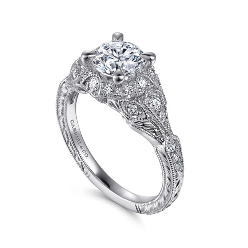 Unique Vintage Inspired Diamond Halo Engagement Ring in Platinum