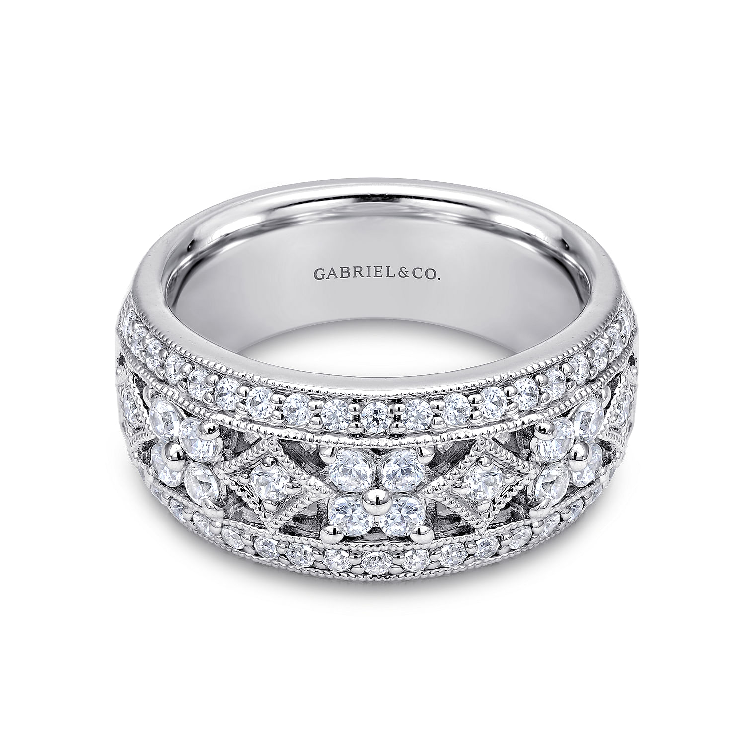 Gabriel - Vintage 14K White Gold Diamond Openwork Wide Band Ring