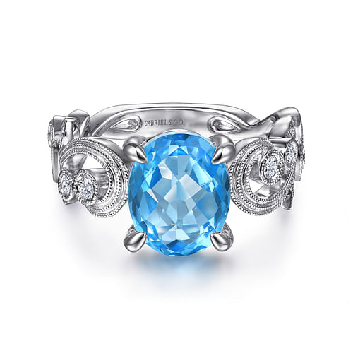 Vintage 14K White Gold Diamond and Blue Topaz Oval Ring