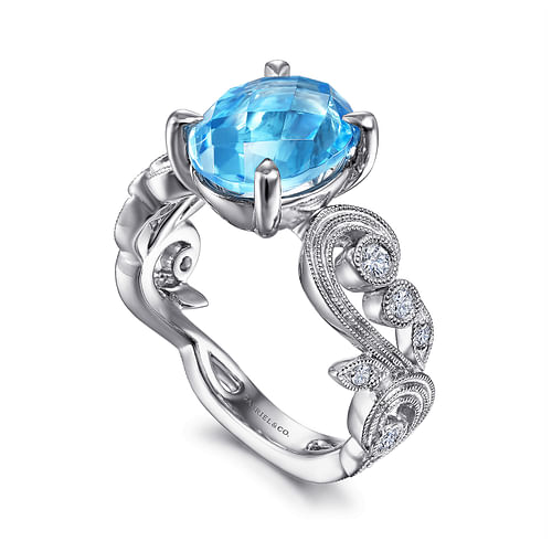 Vintage 14K White Gold Diamond and Blue Topaz Oval Ring