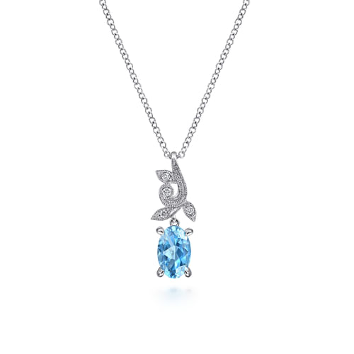Vintage 14K White Gold Diamond and Blue Topaz Pendant Necklace