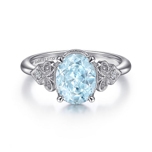 Vintage 14K White Gold Diamond and Sky Blue Topaz Ring