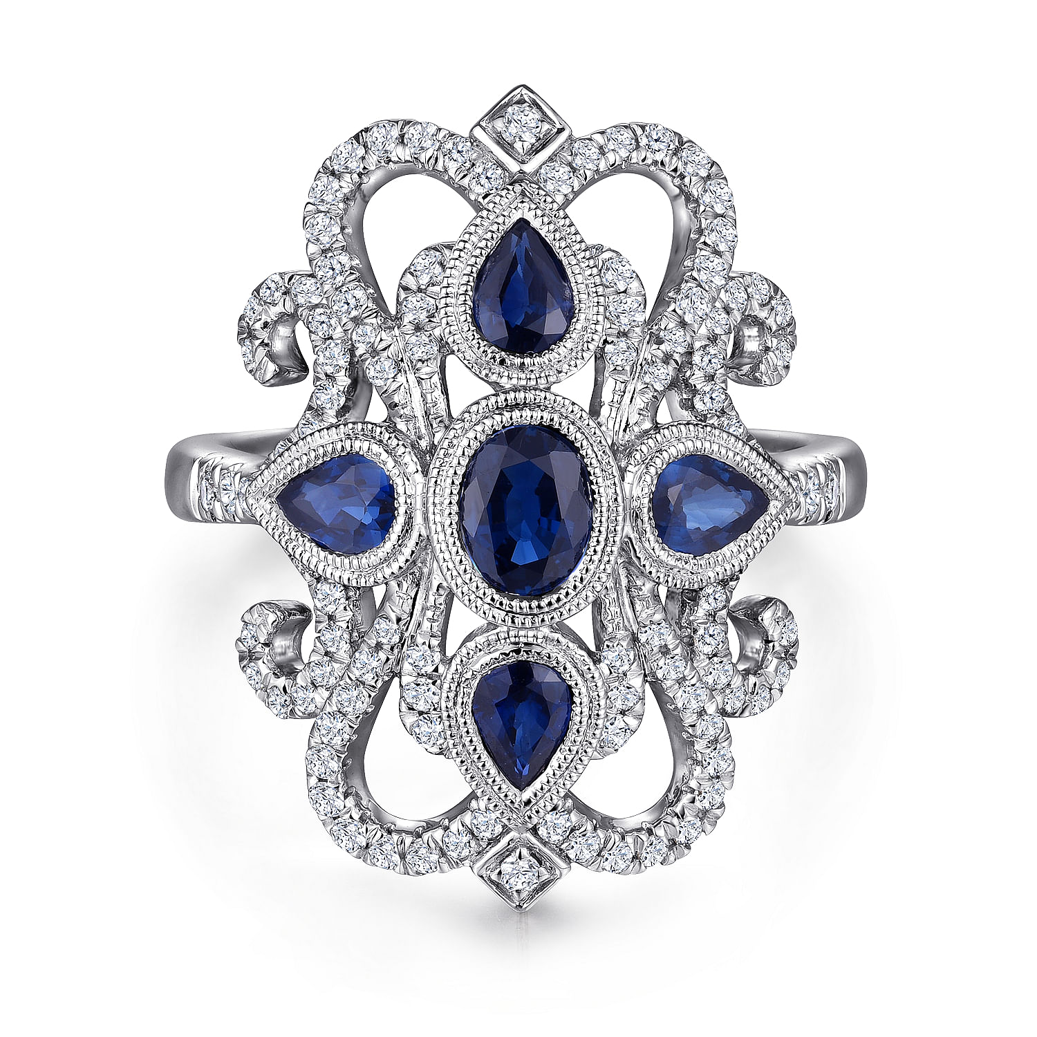Gabriel - Vintage 14K White Gold Dramatic Sapphire and Pavé Diamond Ring