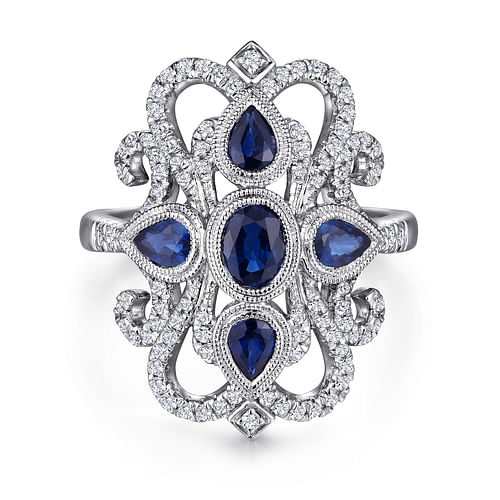 Vintage 14K White Gold Dramatic Sapphire and Pavé Diamond Ring