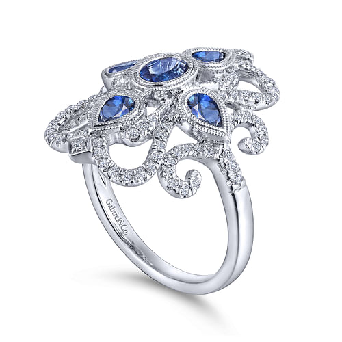 Vintage 14K White Gold Dramatic Sapphire and Pavé Diamond Ring