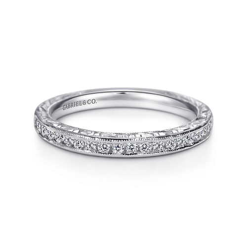 Vintage 14K White Gold Hand Engraved Channel Set Diamond Wedding Band