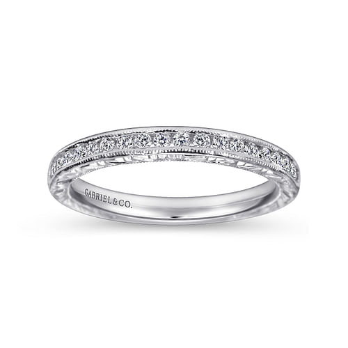 Vintage 14K White Gold Hand Engraved Channel Set Diamond Wedding Band