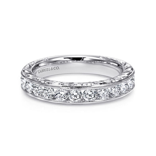 Vintage 14K White Gold Hand Engraved Channel Set Diamond Wedding Band