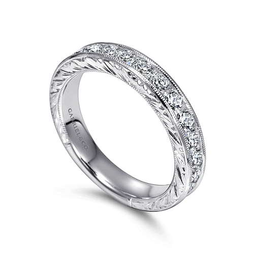 Vintage 14K White Gold Hand Engraved Channel Set Diamond Wedding Band