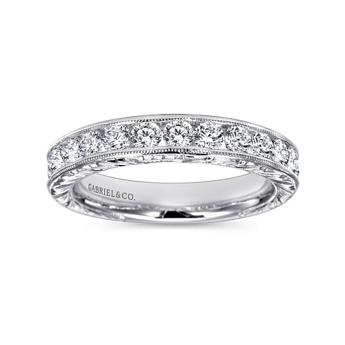 Vintage 14K White Gold Hand Engraved Channel Set Diamond Wedding Band