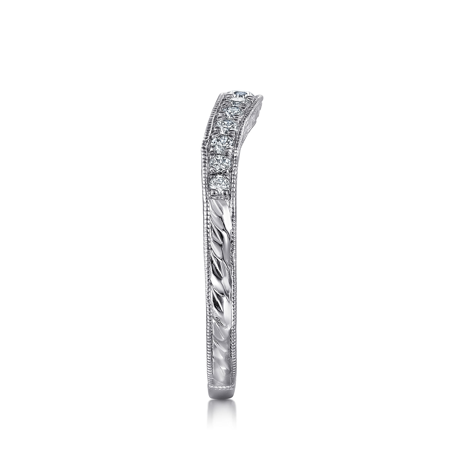 Vintage Inspired  Curved 14K White Gold Micro Pavé Diamond Wedding Band with Engraving
